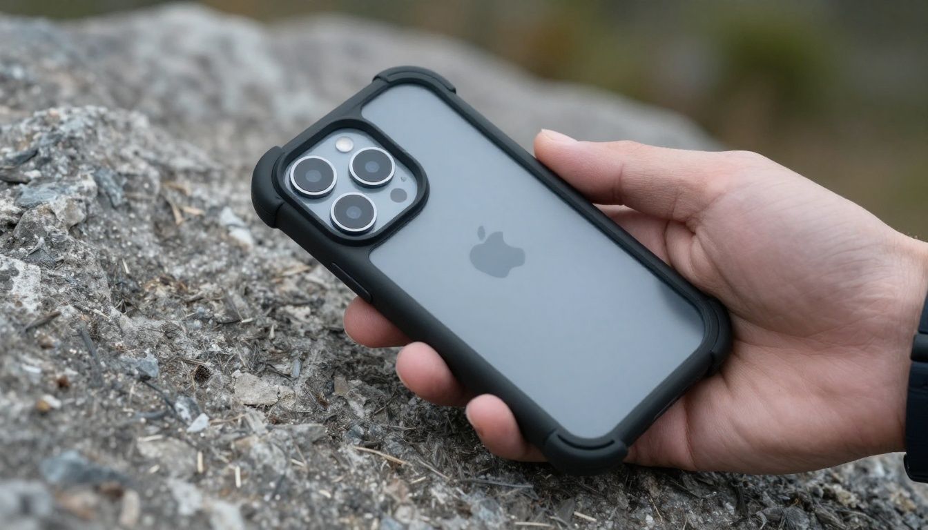 A person hiking in the Blue Mountains, carefully checking their iPhone 17 Air which is in a sturdy, protective case.