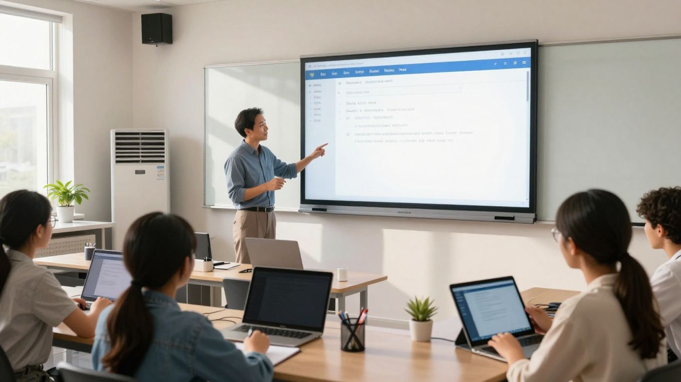 Modern classroom with interactive technology and engaged students.