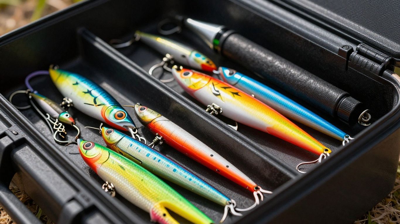 Plano tackle box filled with fishing lures and gear.