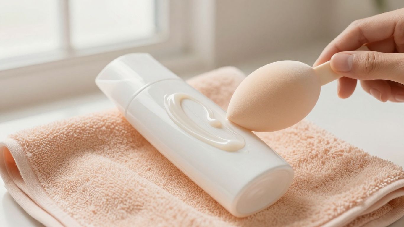 Invisible sunscreen texture on a warm neutral vanity