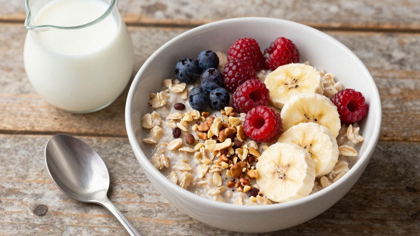 Healthy oatmeal bowl with berries and nuts