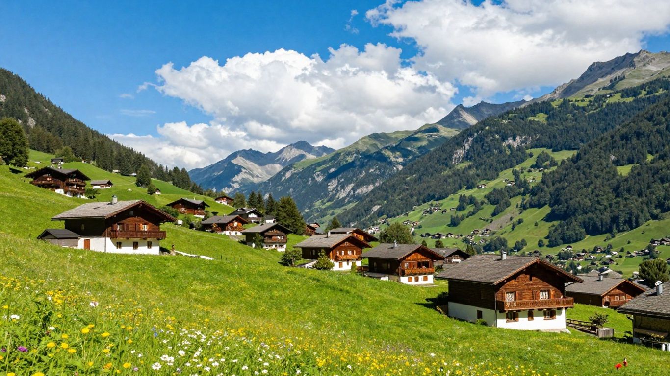 Charming French Alps village with green mountains and chalets.