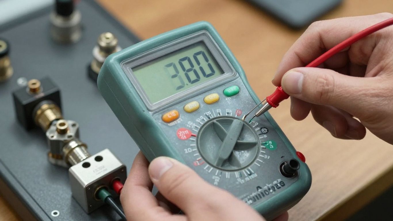 Technician performing voltage test on automotive alternator