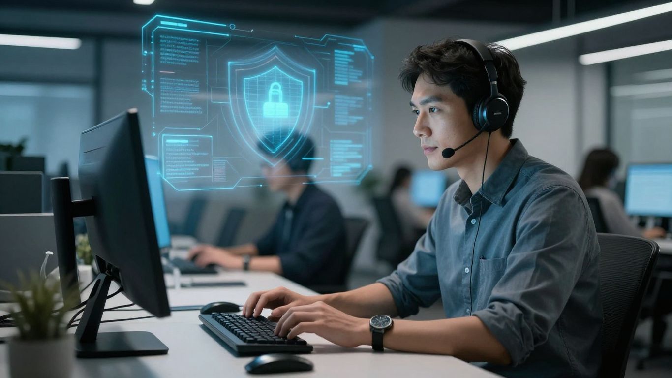 IT support technician securing business network with digital shield.