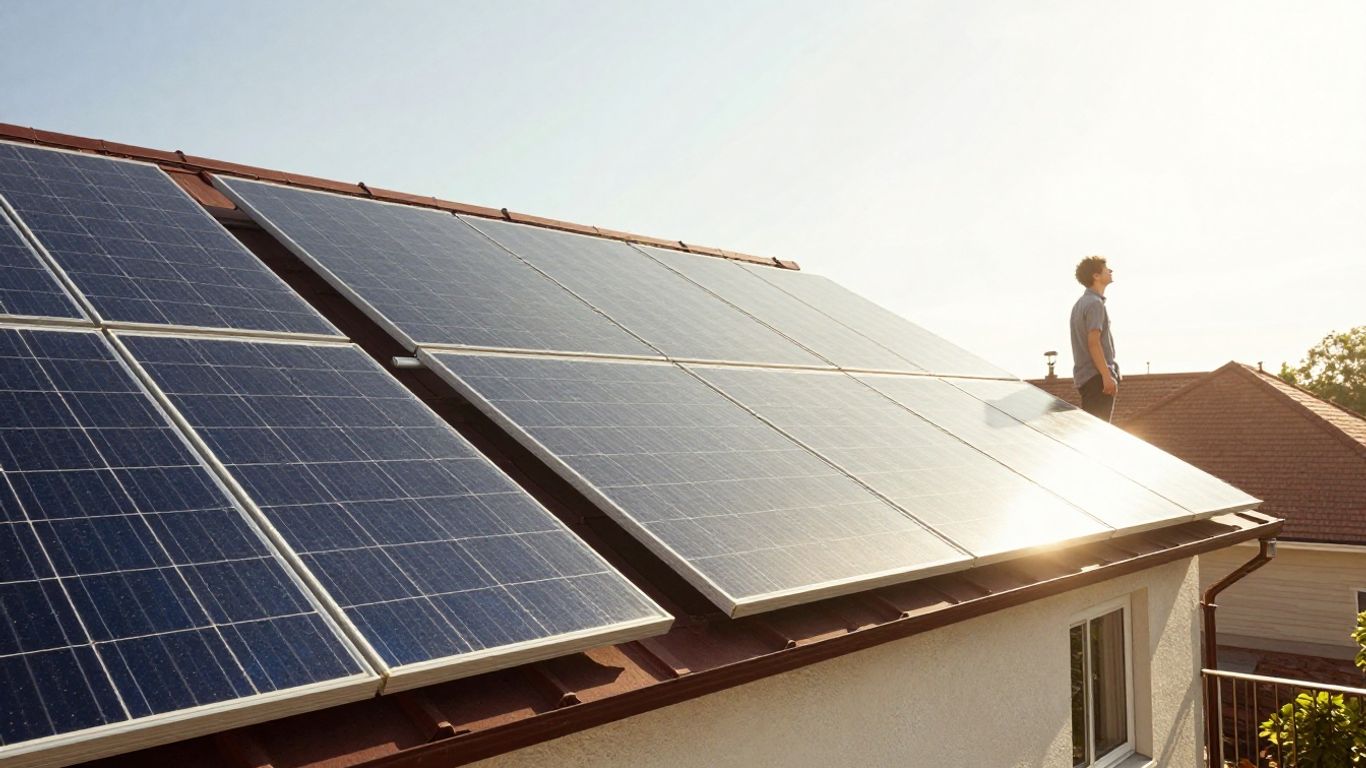 Panneaux solaires sur un toit, maison, ciel bleu.