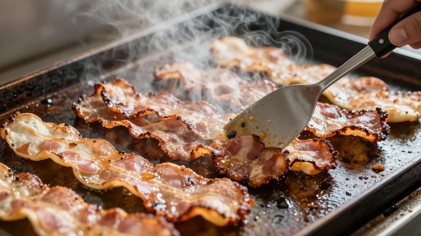 Sizzling griddle with pancakes and bacon cooking.