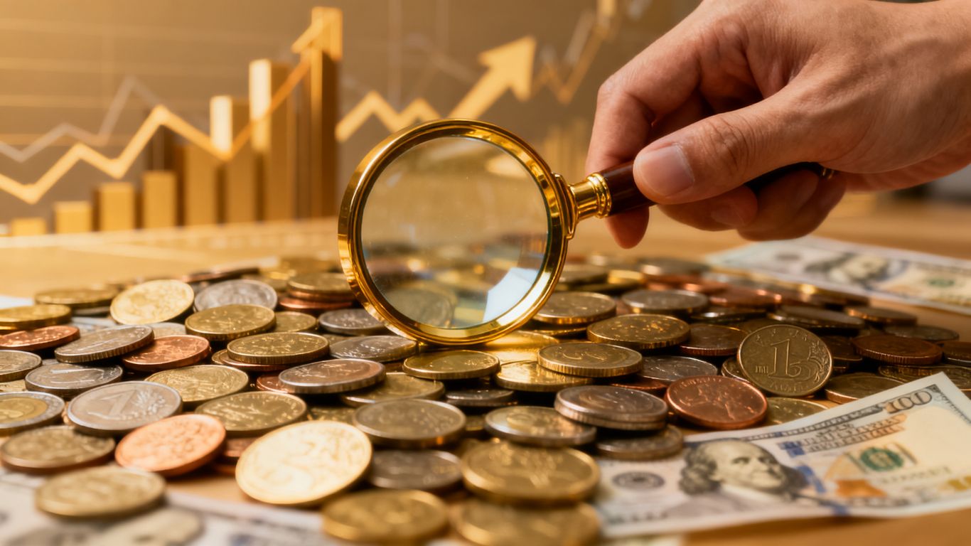 Magnifying glass over coins and currency, financial growth concept.