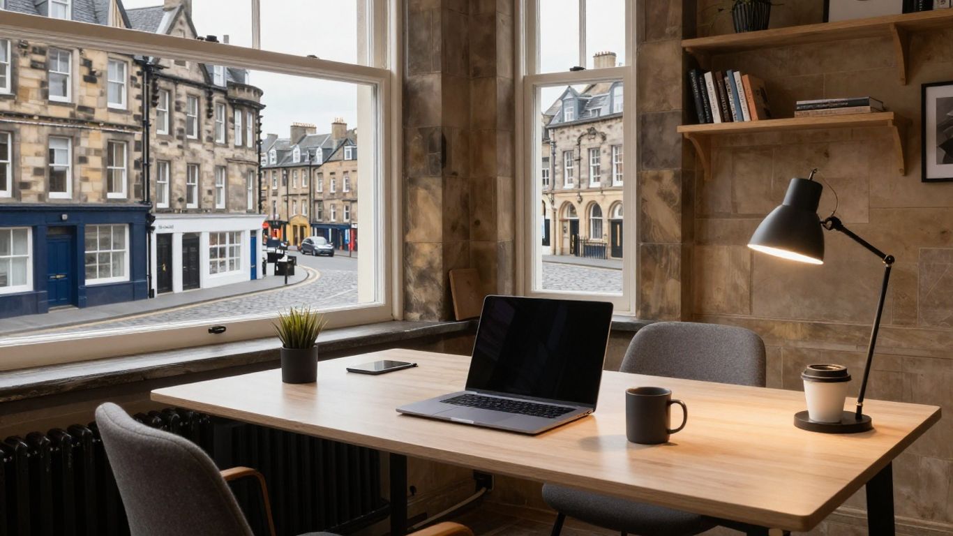 Modern co-working desk with view
