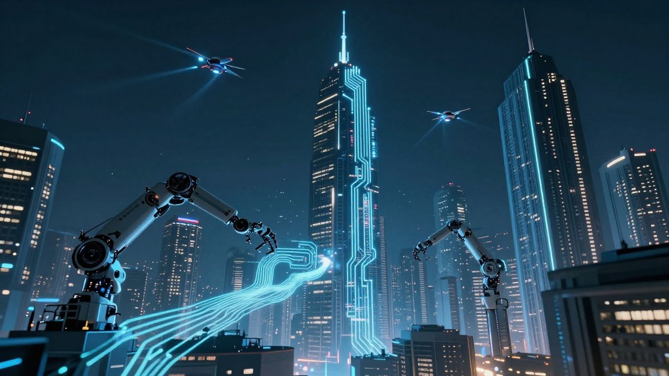 Futuristic cityscape with AI circuits and drones.