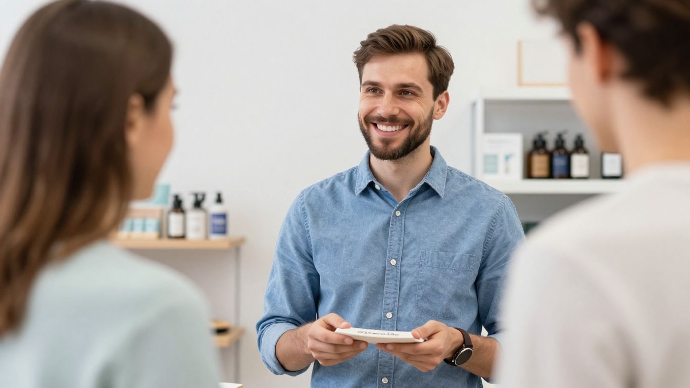 Kundenberaterin hilft einem Kunden mit einem Lächeln im Geschäft.