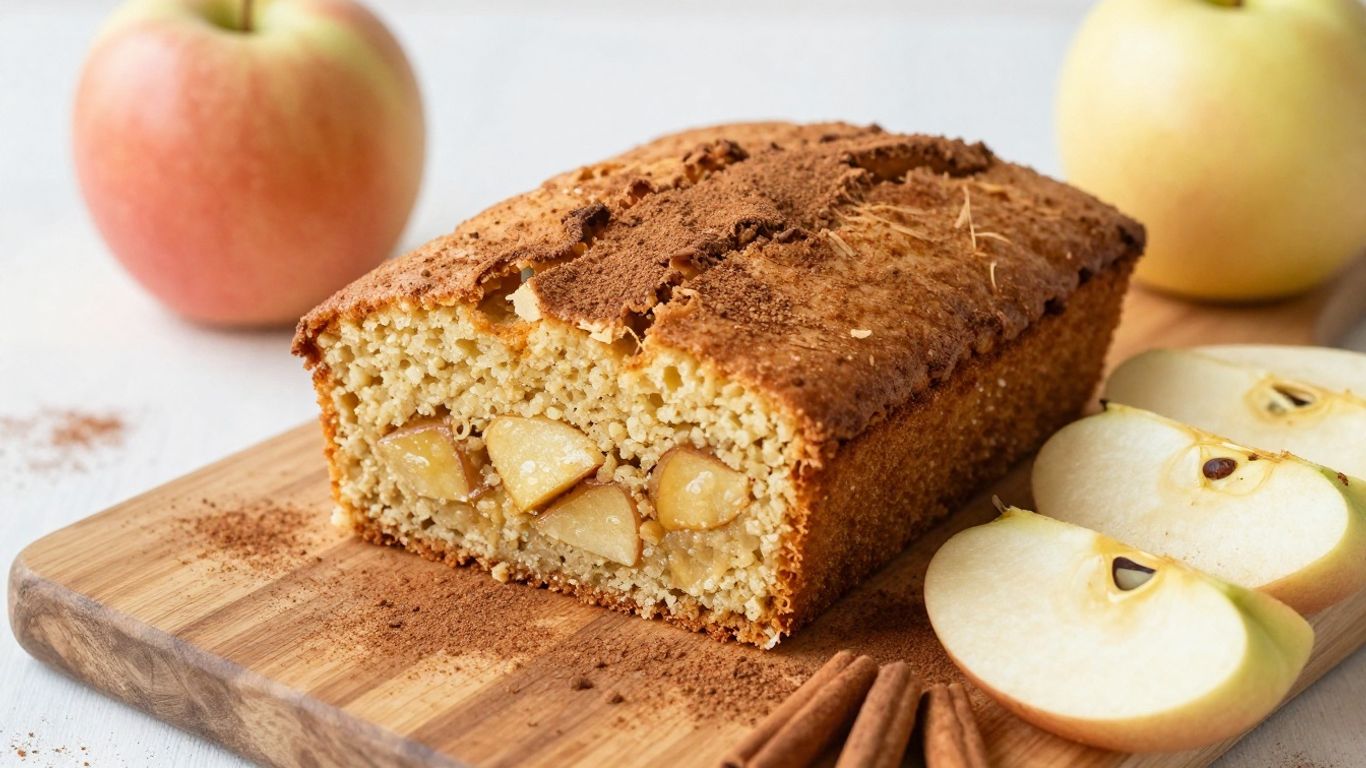 Paleo apple cake slice on a wooden board.