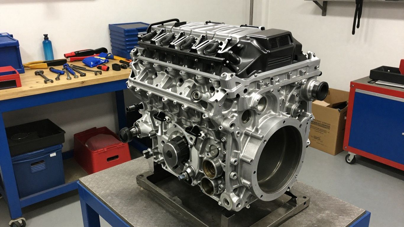 BMW engine and transmission in a workshop.