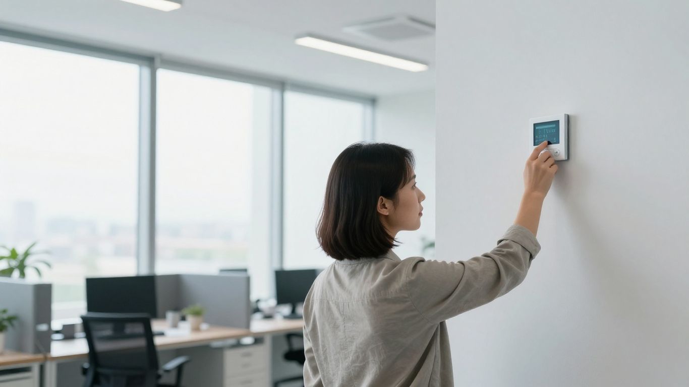 Worker adjusting office thermostat in cool room