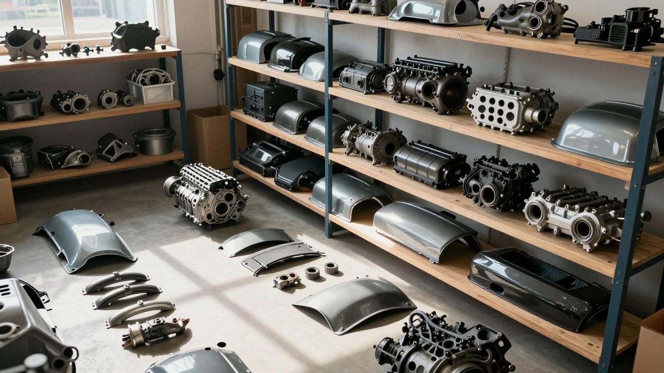 Used BMW car parts in a workshop.