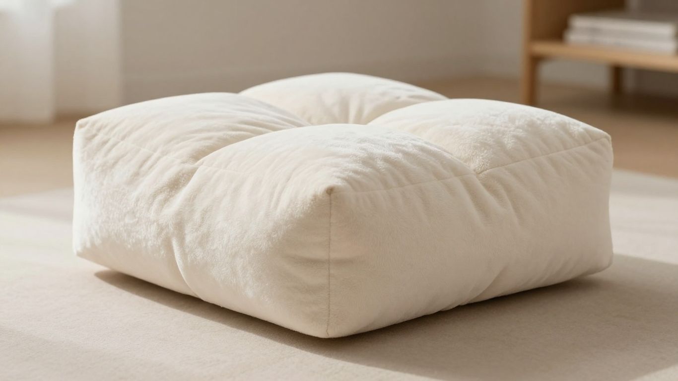 Plush cube pillow on a neutral surface.