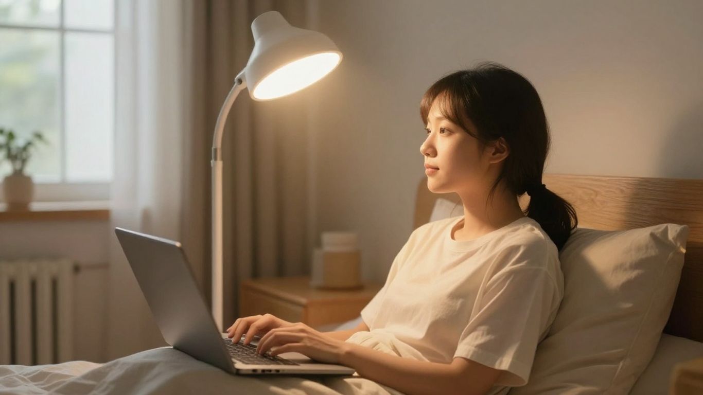 Person nutzt Lichttherapie-Lampe gegen Winterblues.