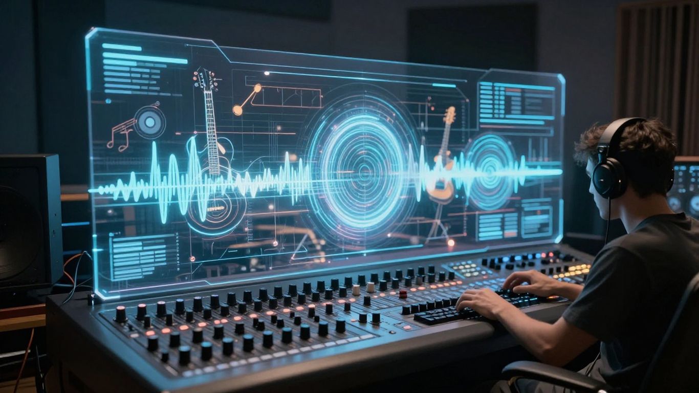 AI music creation interface with sound waves.