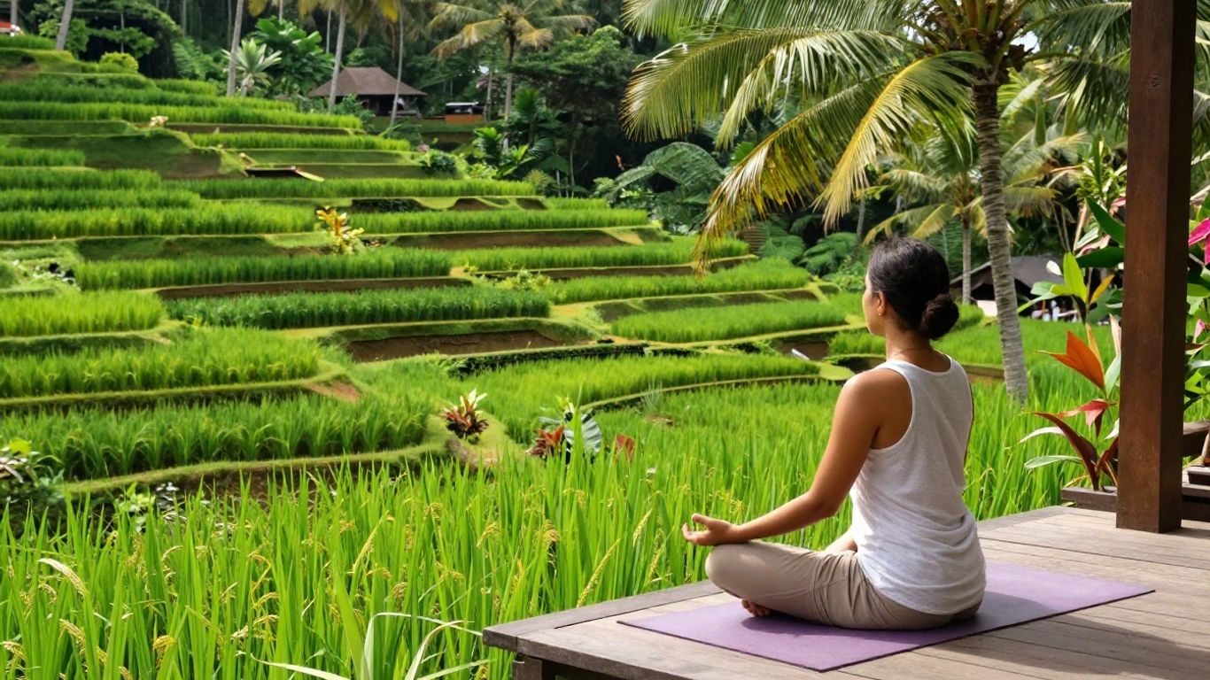 Serene Bali landscape with rice terraces and a meditating yogi.