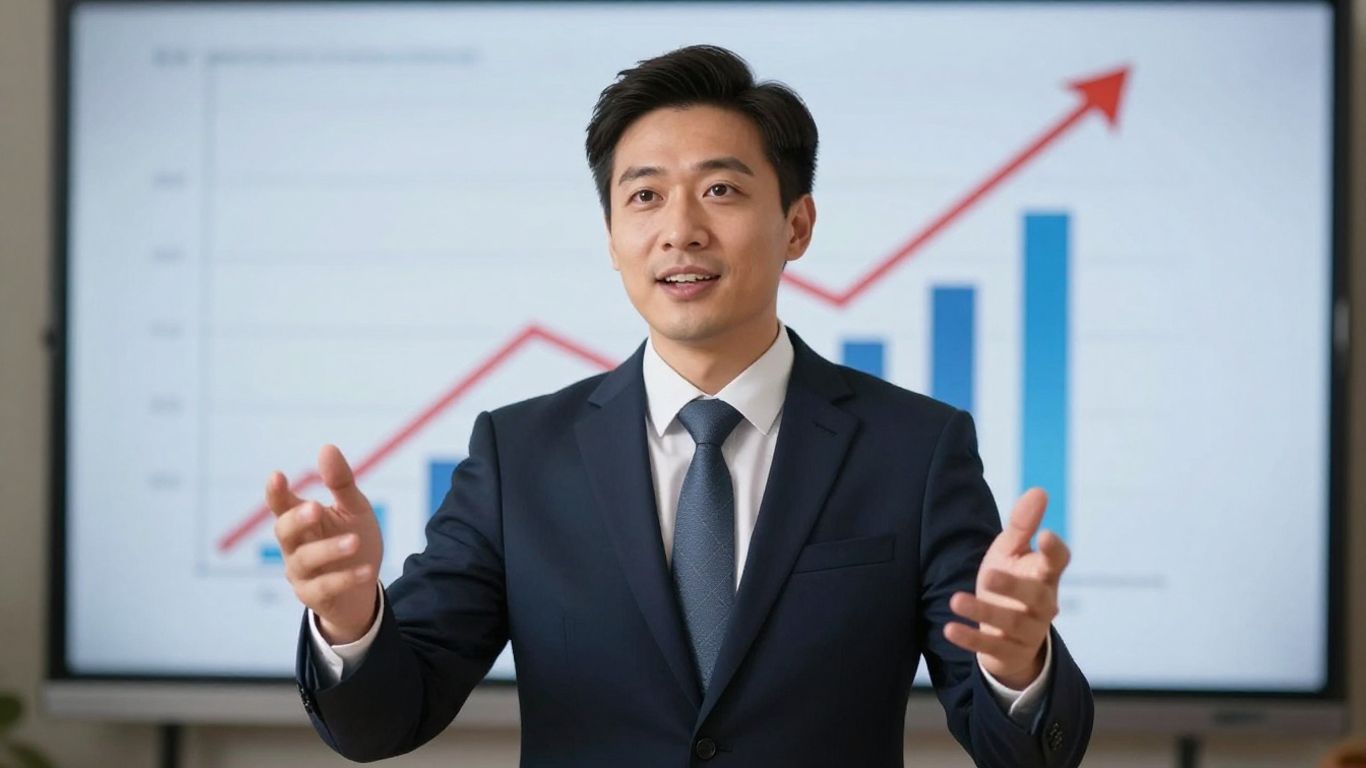 Sales professional pointing towards upward growth