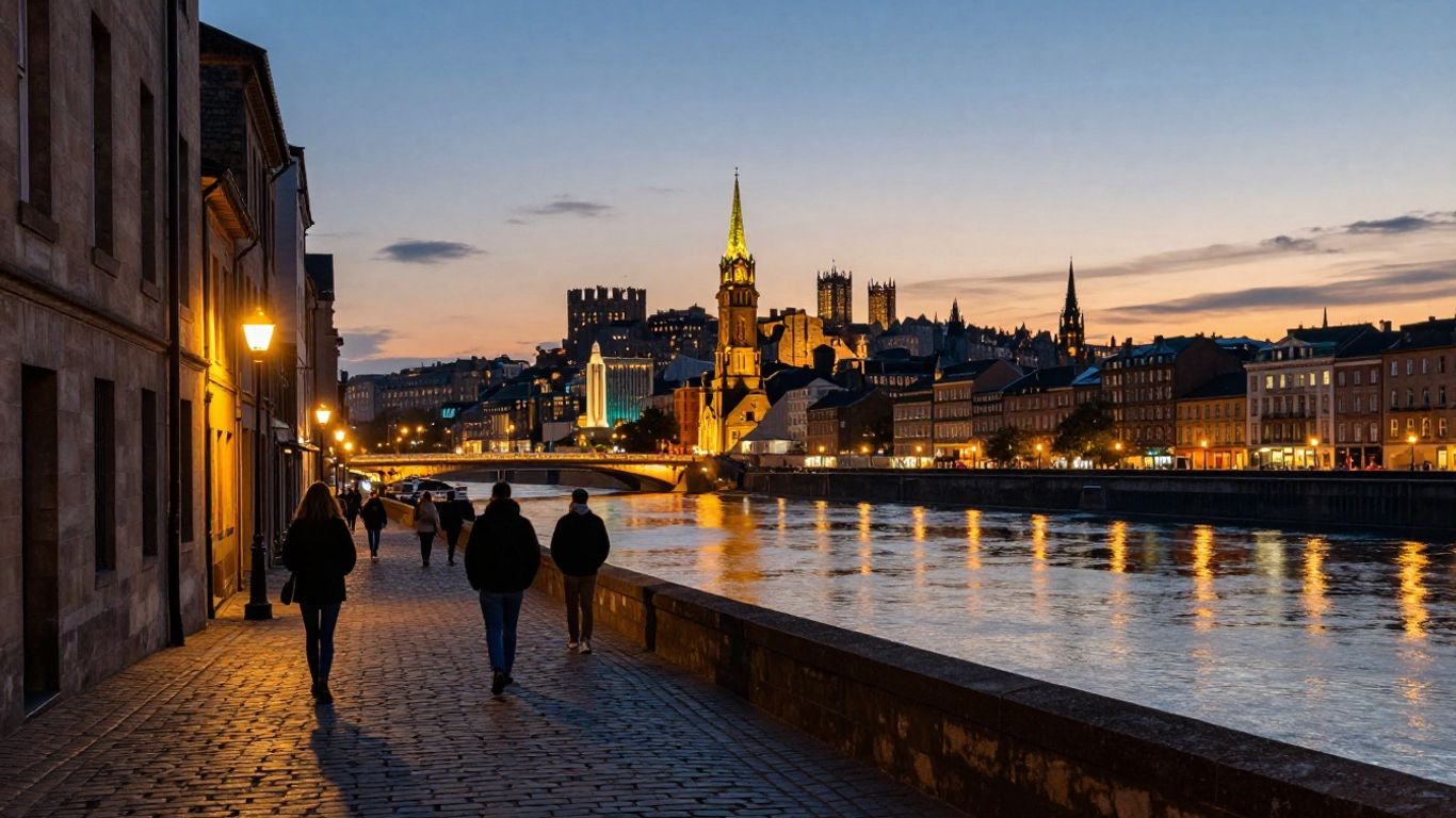 European city skyline at twilight with illuminated landmarks.