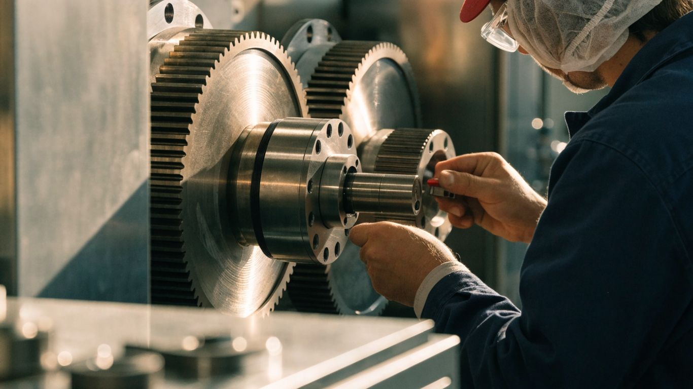 Technician checking an aligned gearbox coupling