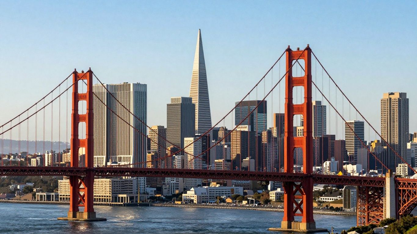 San Francisco cityscape with Golden Gate Bridge and modern buildings.