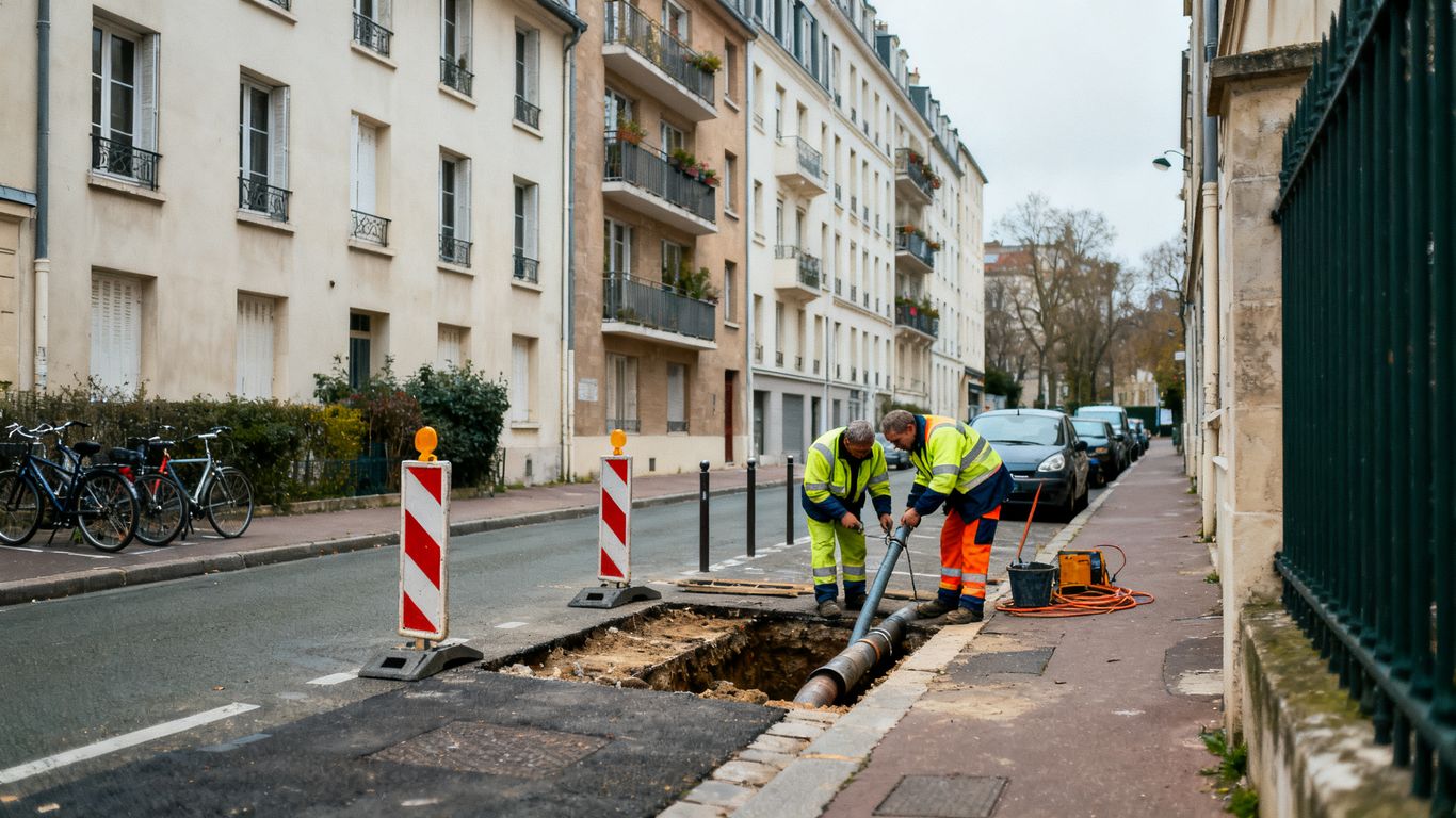 Residential street with pipework under construction and a technical team
