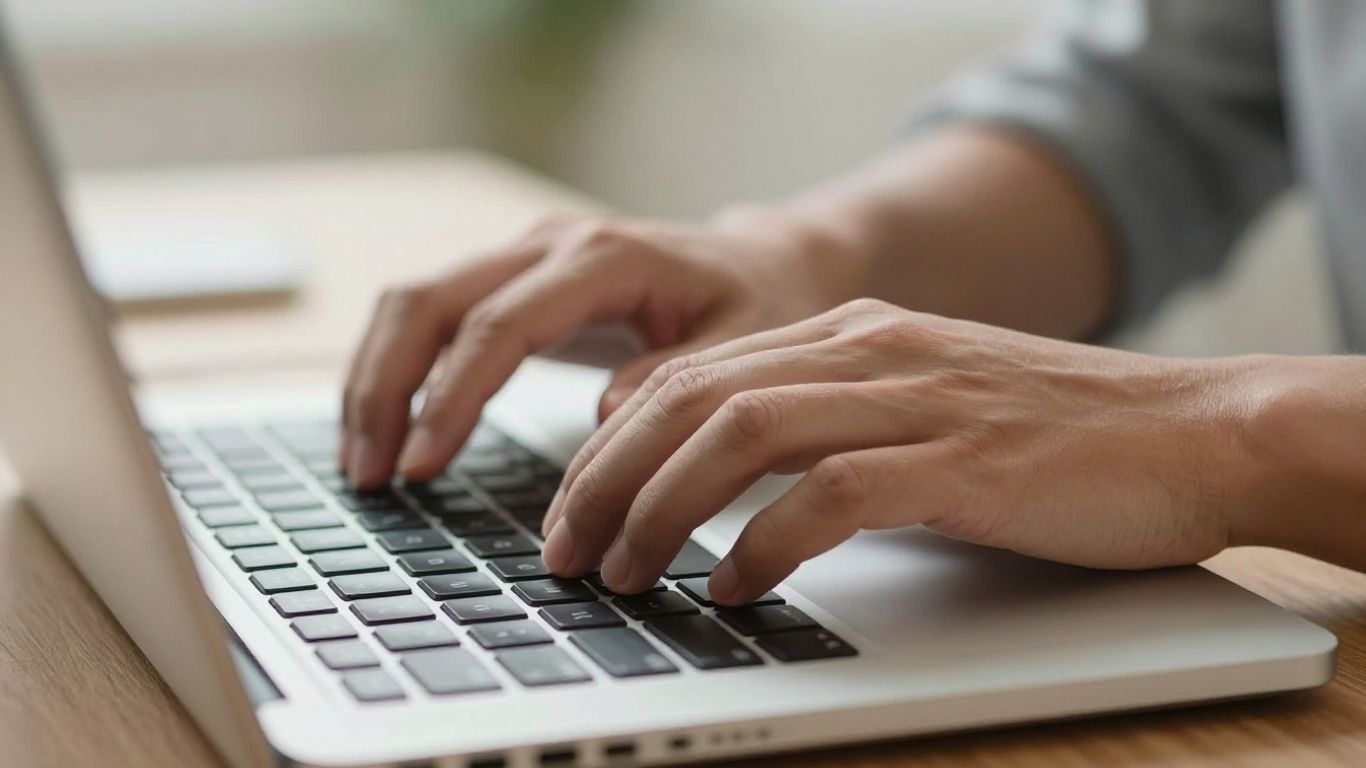 Hands typing on a laptop keyboard.