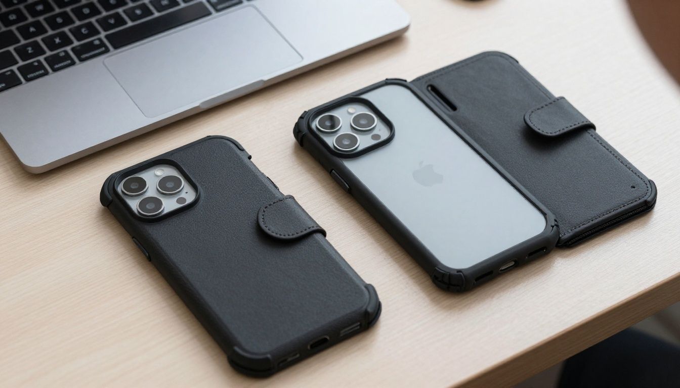 A person in Australia looking thoughtfully at their new iPhone 16 Plus, with a heavy-duty case, a wallet case, and a waterproof case laid out on a table in front of them