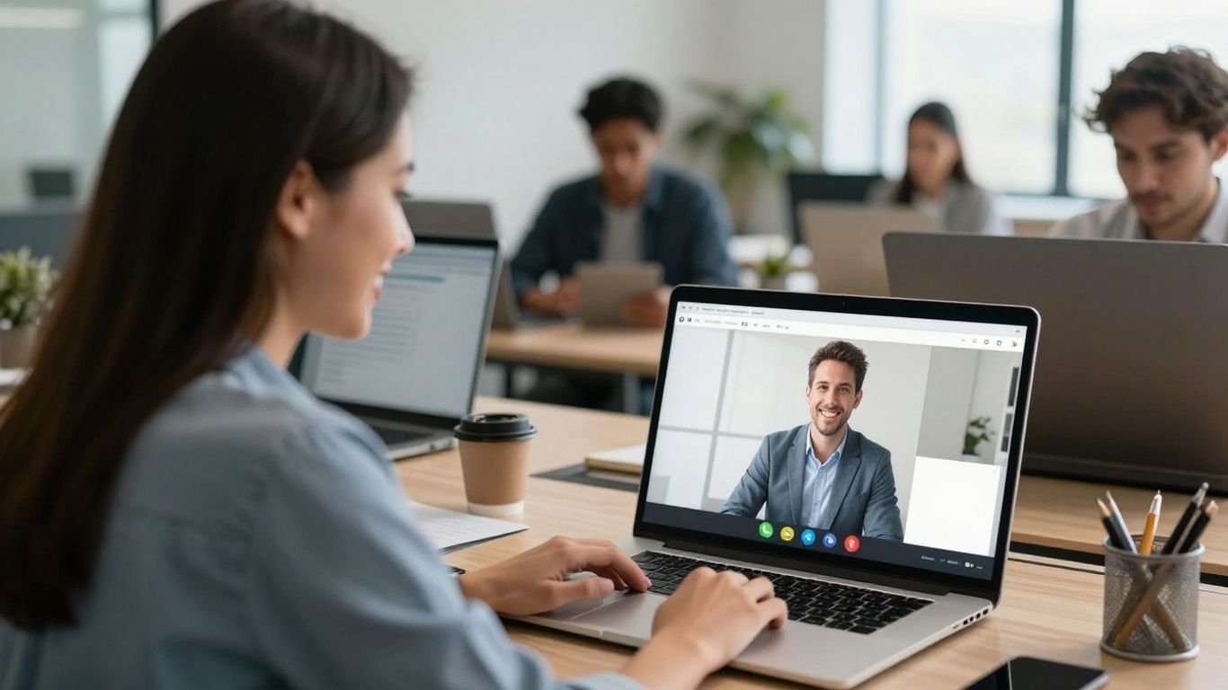 People collaborating during a virtual meeting on laptops.
