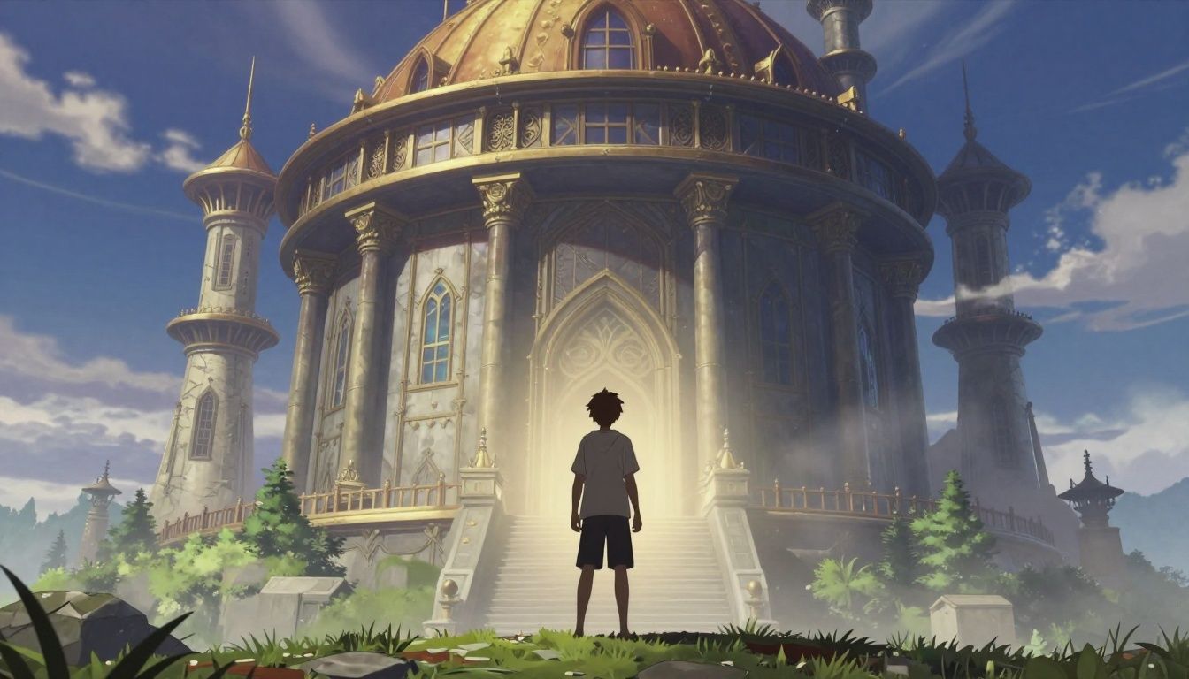 Uma paisagem épica de fantasia virtual inspirada em anime, destacando a silhueta de um jogador em frente a um castelo flutuante massivo sob um céu místico