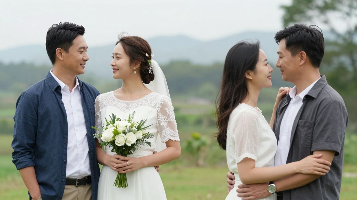 Couple in wedding attire, scenic natural backdrops.