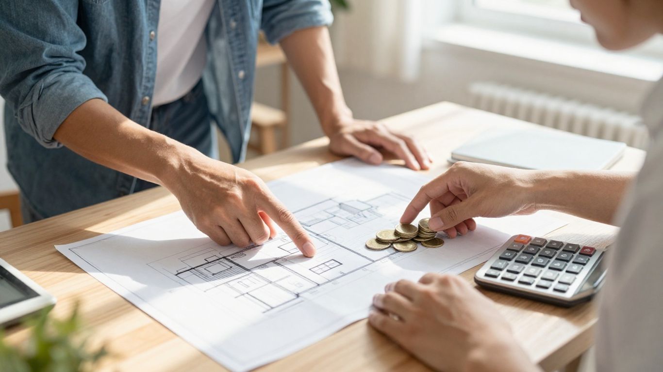 Homeowner planning finances with blueprints and calculator.