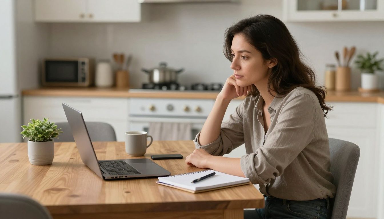 A thoughtful woman sits at her kitchen table with a laptop and a notebook, carefully considering her options for home care for a loved one.