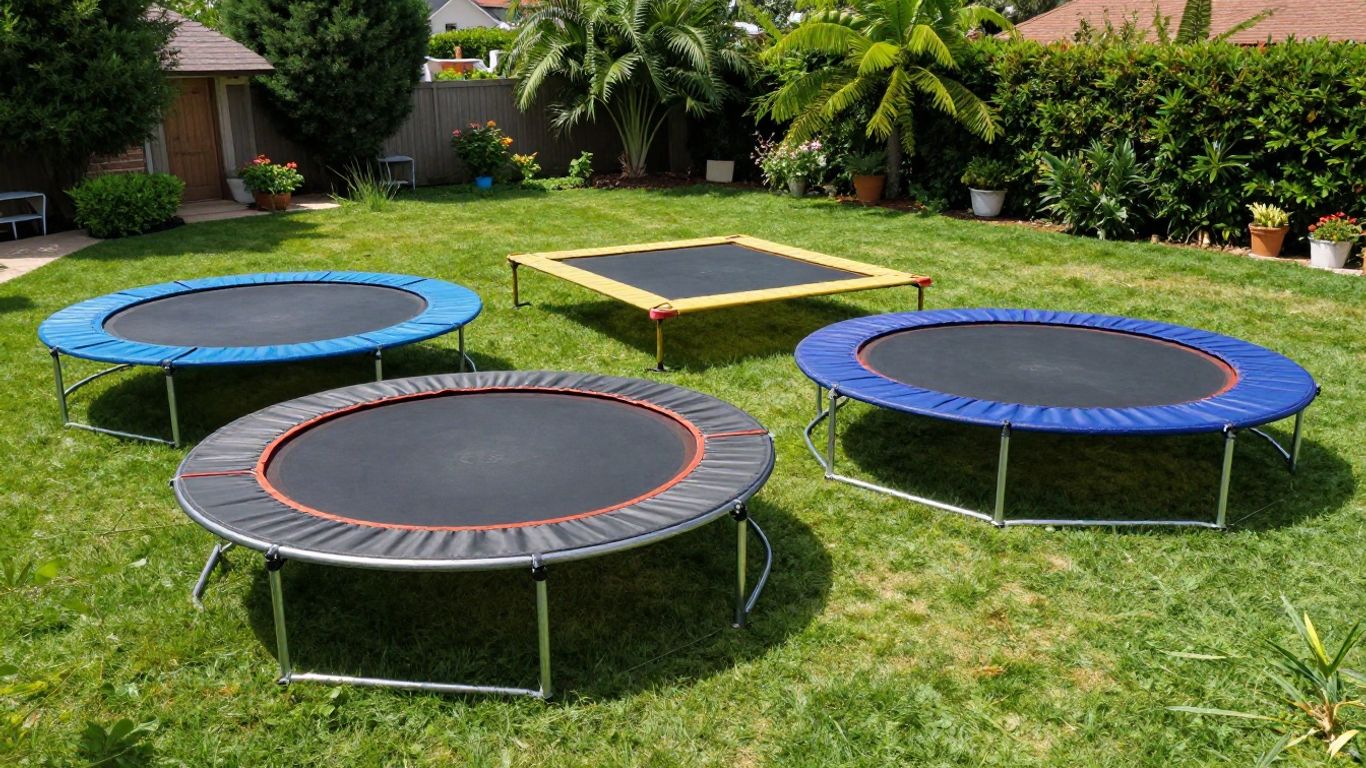 Various trampoline shapes in a backyard.
