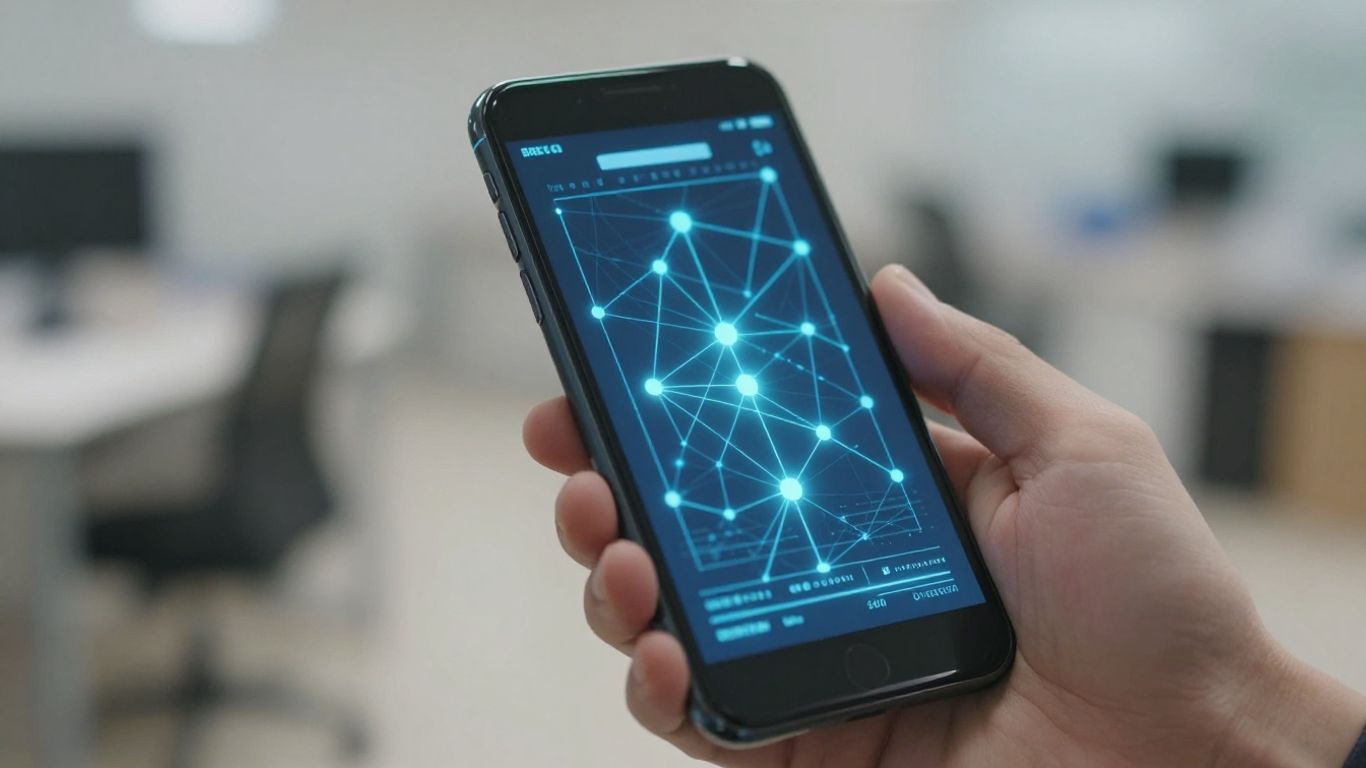Hand holding smartphone with digital network graphic