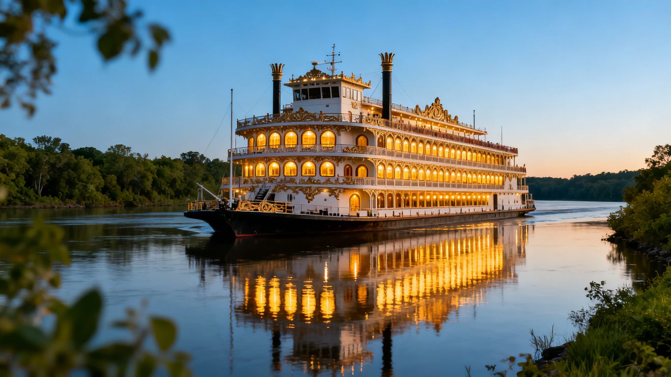 Riverboat casino docked on a calm river.