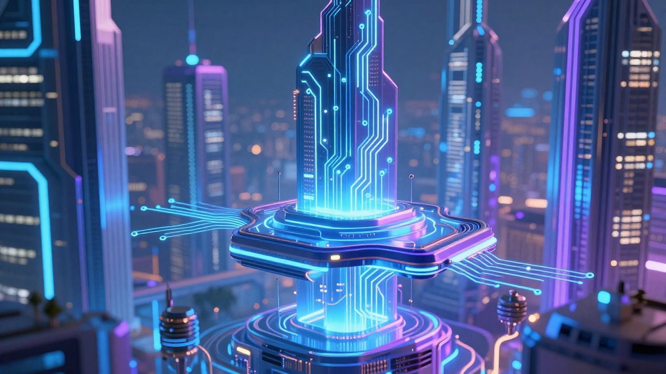 Futuristic cityscape with glowing AI hardware.