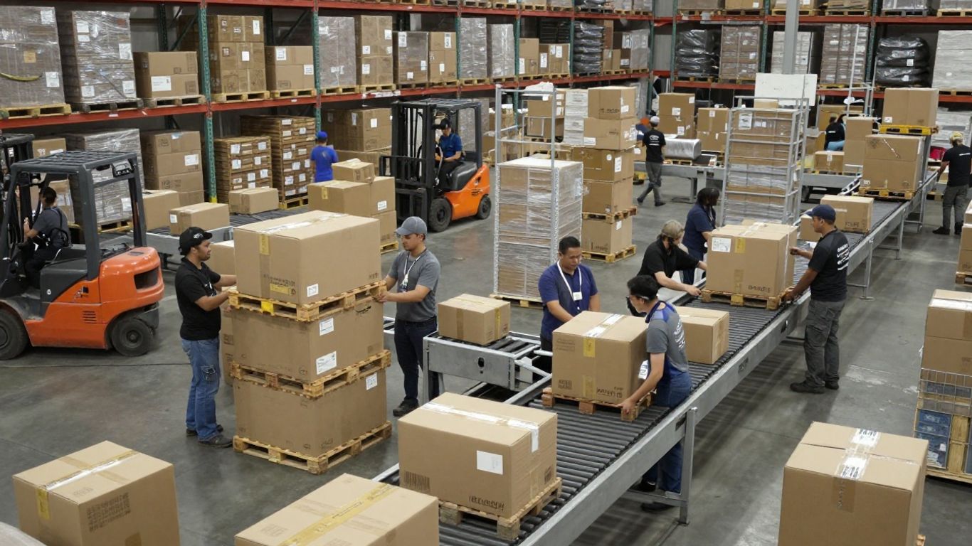 Amazon fulfillment center with workers and packages.