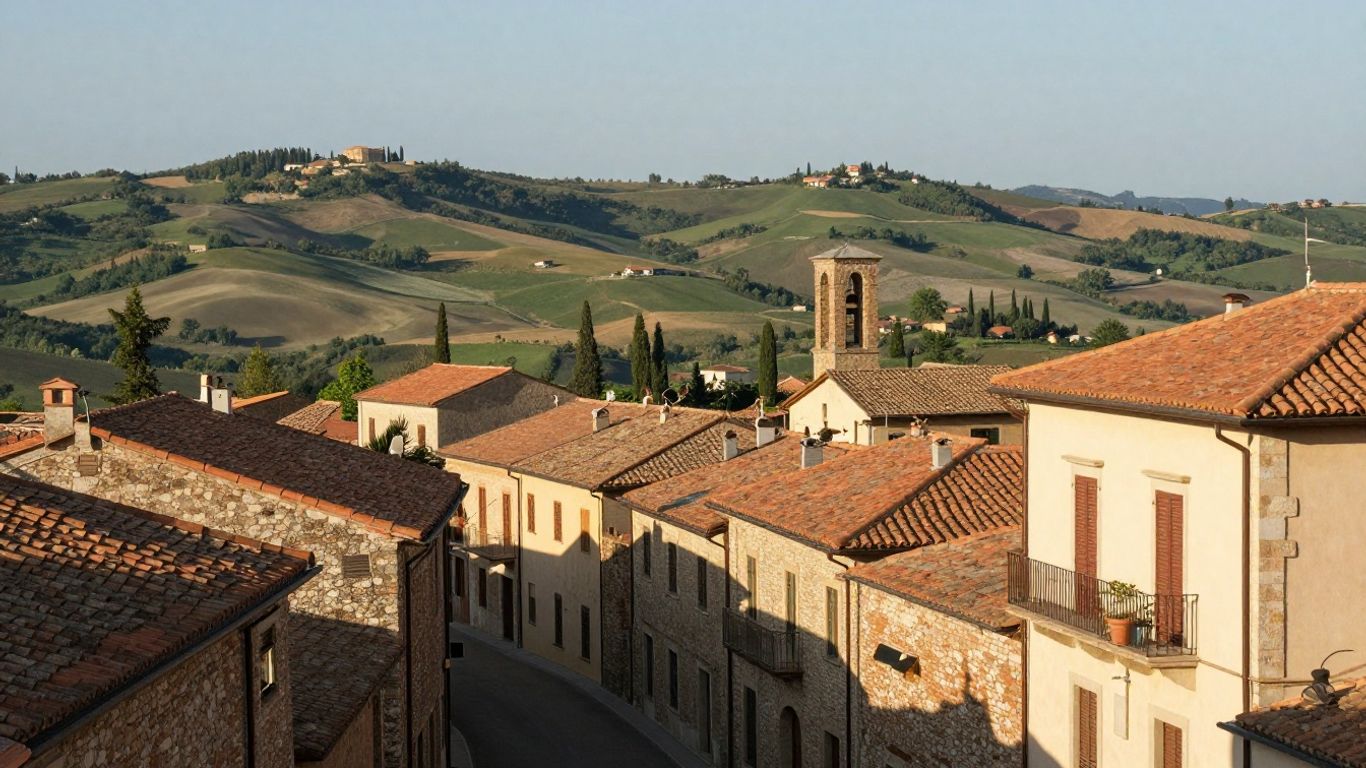 Recanati rooftops above the Marche countryside