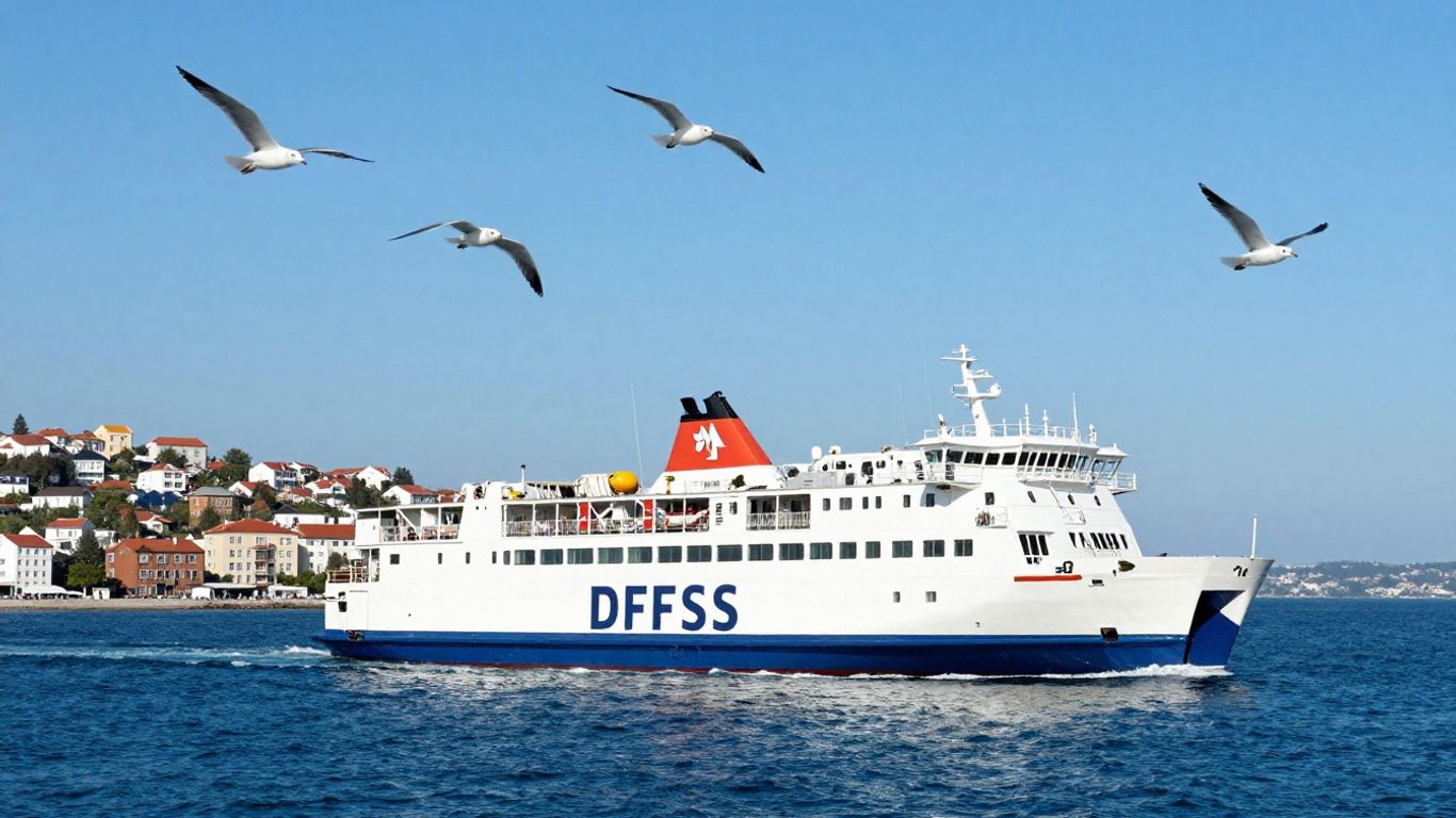 DFDS ferry sailing on a blue sea near coast.