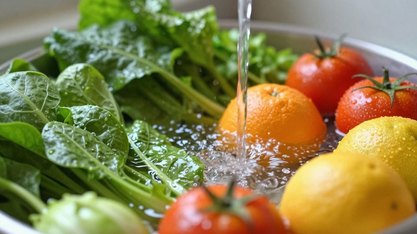 Healthy fruits and vegetables with flowing water.