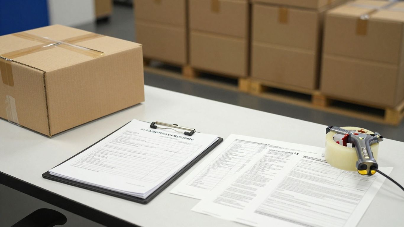 Customs paperwork beside sealed export cartons