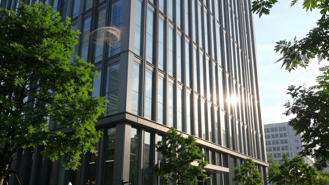 Bâtiment tertiaire avec façade moderne et verdure.