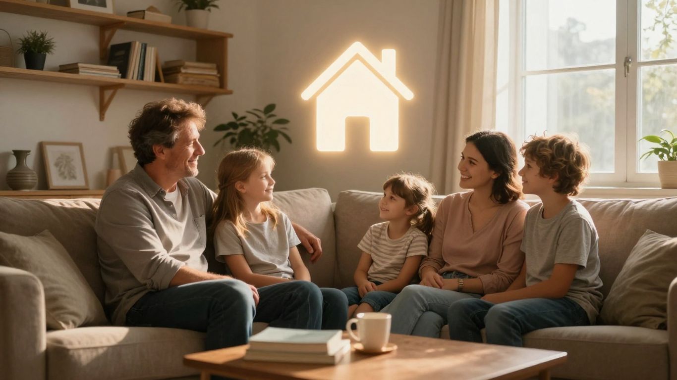 Familia sonriente en casa segura y protegida.