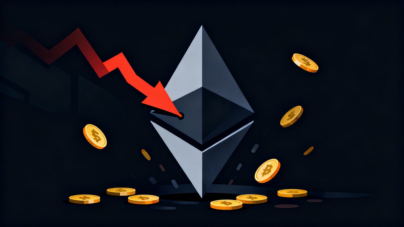 Ethereum logo with a falling arrow and scattered coins.
