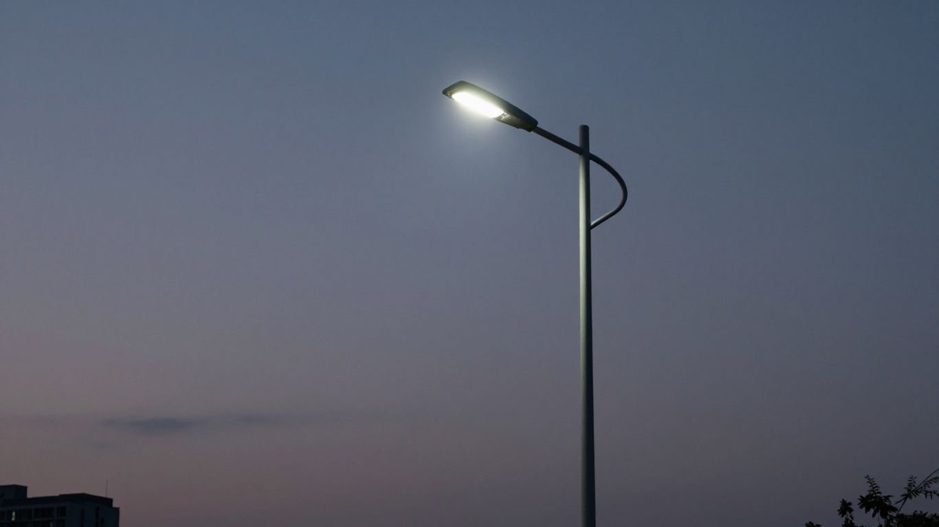 Modern LED streetlight illuminating a city street at dusk.