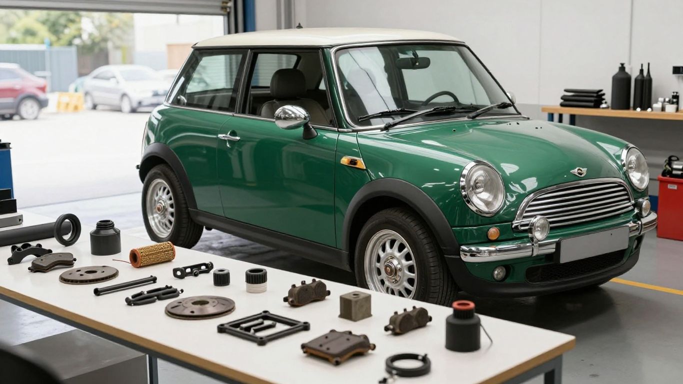 Mini Cooper R50 parts and car in workshop