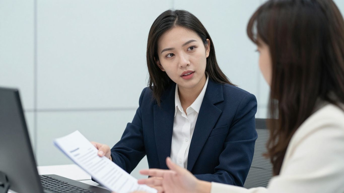 Zwei Personen besprechen ein Dokument in einem Büro.