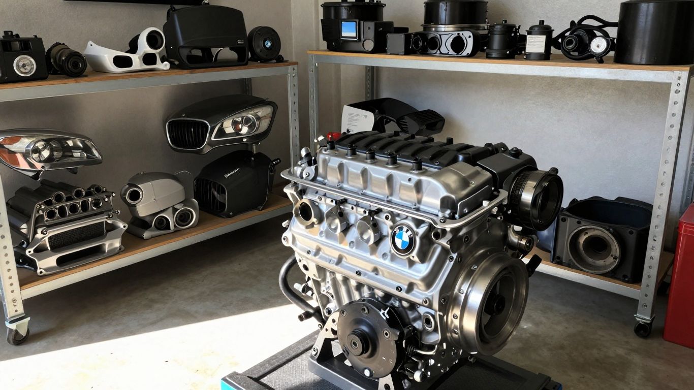 Used BMW car parts organized in a garage.